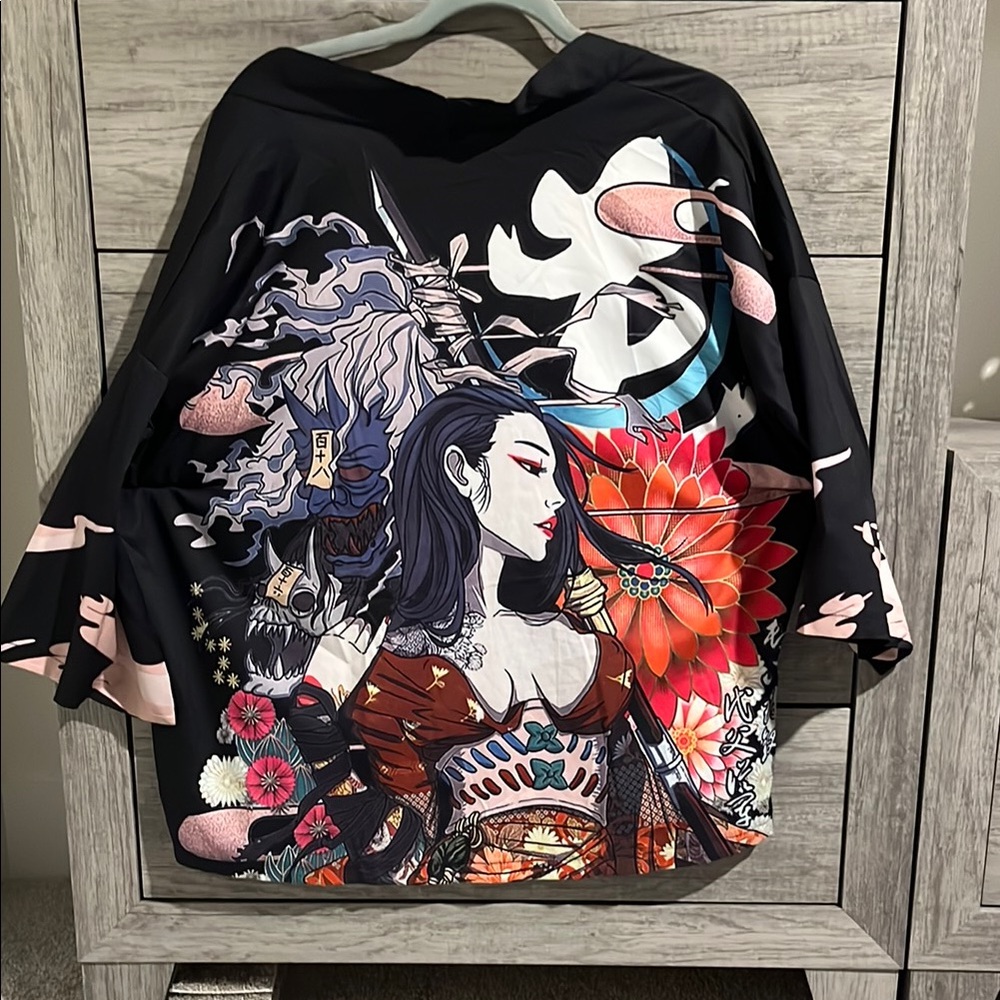 SHEIN Black Kimono with Vibrant Graphic Design